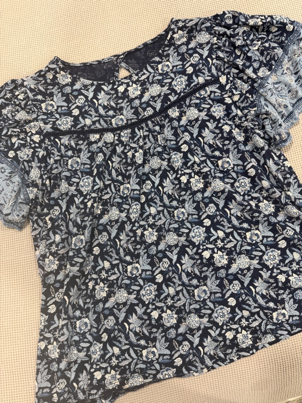 Navy Blue Floral Short Sleeve Blouse